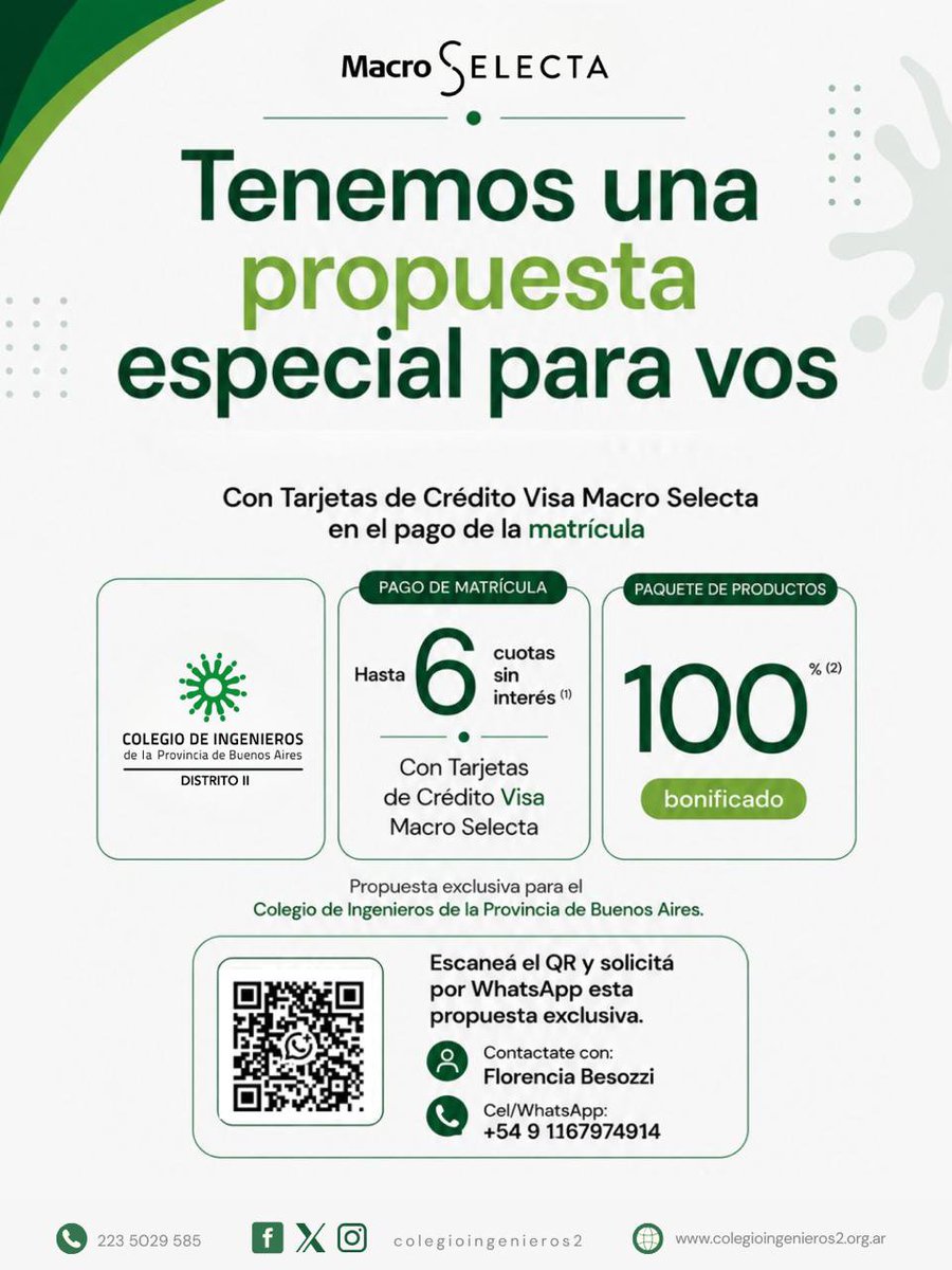 cipbad2's tweet photo. Matriculados del Colegio de Ingenieros de la Prov. de Bs. As. D2
💳 Hasta 6 cuotas sin interés en el pago de matrícula.
📦 Paquete de productos 100% bonificado.
Solicitalo por WhatsApp con Florencia Besozzi al +54 9 1167974914 📲 o escaneando el QR.
ℹ️ https://t.co/r1gbd1QIb1 https://t.co/NKA3hEOtdA