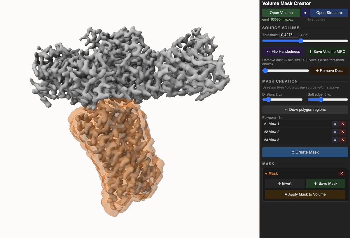 TadejSatler's tweet photo. For anyone doing cryo-EM, I built a small Mol* extension for creating focused masks directly in the browser. Started as something for my own workflow, but I figured others might find it useful too.

Would love any feedback if you give it a try.

https://t.co/iuHiQ8Mb2F https://t.co/IXjaXSMNJR