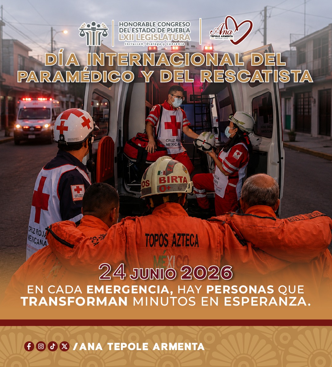 AnaTepoleA's tweet photo. Hoy reconocemos a quienes convierten cada minuto en una oportunidad para salvar vidas. 🚑⛑️

Mi gratitud y reconocimiento a paramédicos y rescatistas por su entrega, valentía y compromiso con nuestra comunidad.

#DíaDelParamédicoYDelRescatista https://t.co/2XGxyW5WpR