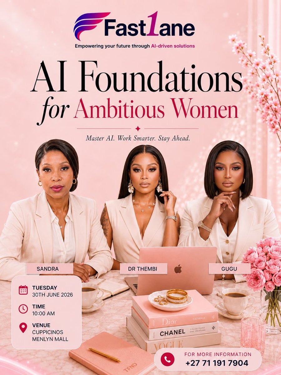 ShilengeTP's tweet photo. ✨ AI Foundations for Ambitious Women ✨
Discover how AI can help you work smarter, grow faster, and create new opportunities.
📅 Tuesday, 30 June 2026
⏰ 10:00 AM
📍 Cuppicinos, Menlyn Mall
Seats are limited. See you there! 💖
#FastLane #AIForWomen #WomenInBusiness #AI https://t.co/xIWkxk8alH