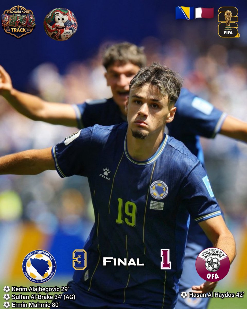 DeporTrack's tweet photo. A 16VOS

Bosnia Hercegovina hizo su chamba y en el último juego del grupo B consiguen la victoria que los pueda catapultar a 16vos de final del #Mundial2026 al vencer a Qatar que está eliminado.
#CopaDelMundo2026 #FIFAWorldCup #FutxDep🇧🇦🇶🇦 https://t.co/BXHdODJ6GA