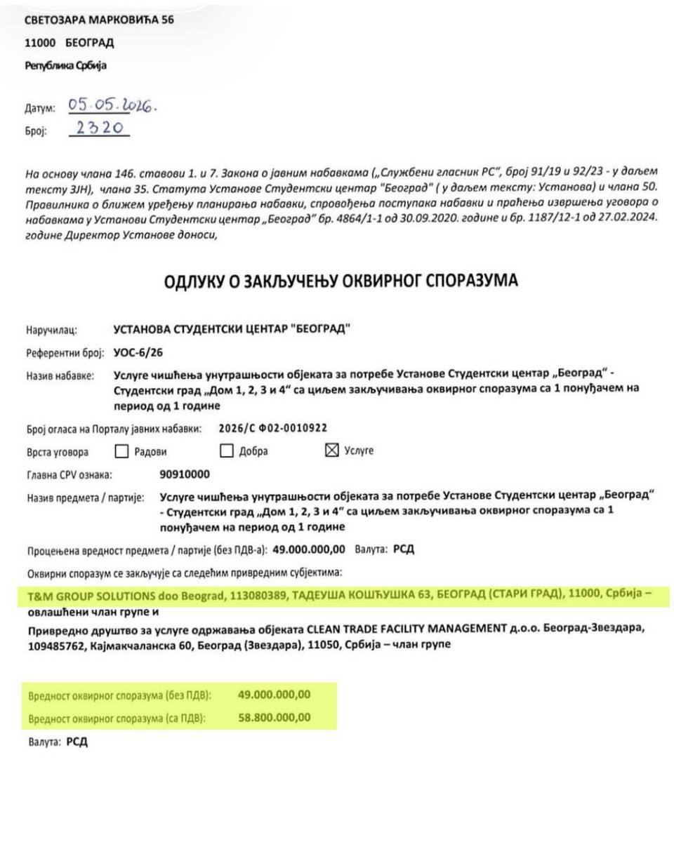 Preka_83's tweet photo. @studentblokade Директор Установе Студентски центар је Горан Минић, СНС војник који је потписао уговор о чишћењу објеката у износу од чак 500.000 евра са фирмом чији је власник Дане Шијан, кум Владе Мандића, иначе једног од вођа СНС батинаша. https://t.co/CnuXMRacfe