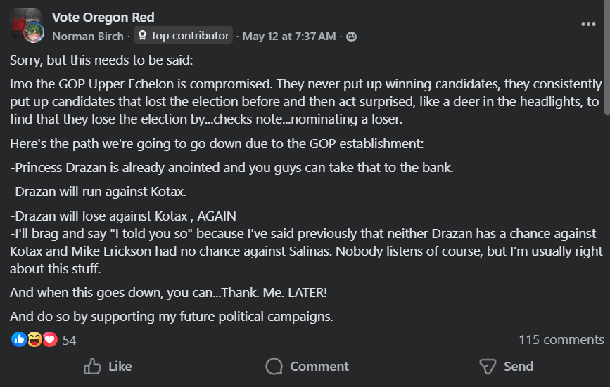 IAmNor6's tweet photo. #Oregon, #GOP Do not be upset at the fact I tell the truth. When I foretold you that Drazan will lose to Kotax, do not be mad at me. Be mad at the @gop_oregon 's admins for anointing her and betraying you.
#DawnIsBreaking #DEATHWALKS #DigWhatImSayin. https://t.co/i0nplLGijs