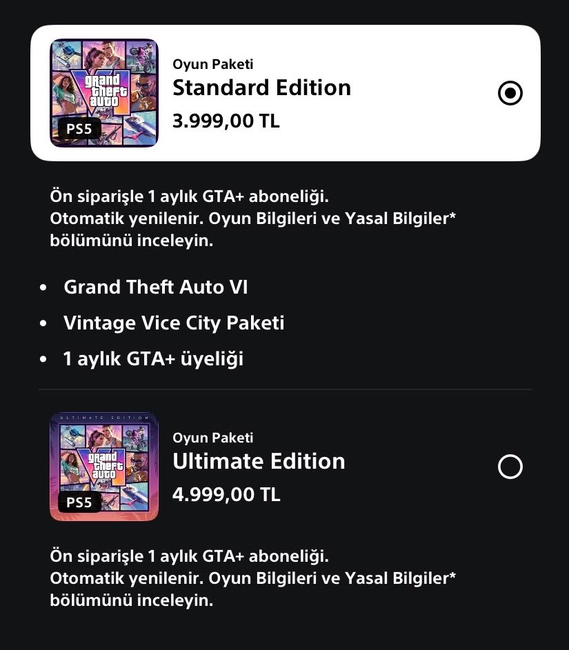 demarkegaming's tweet photo. 🚨 SON DAKİKA - GTA 6, TÜRKİYE'DE ÖN SİPARİŞE AÇILDI!

🔸 Standart Sürüm ➡️ 3999 TL
🔸 Ultimate Sürüm ➡️ 4999 TL https://t.co/udfKfnye0k