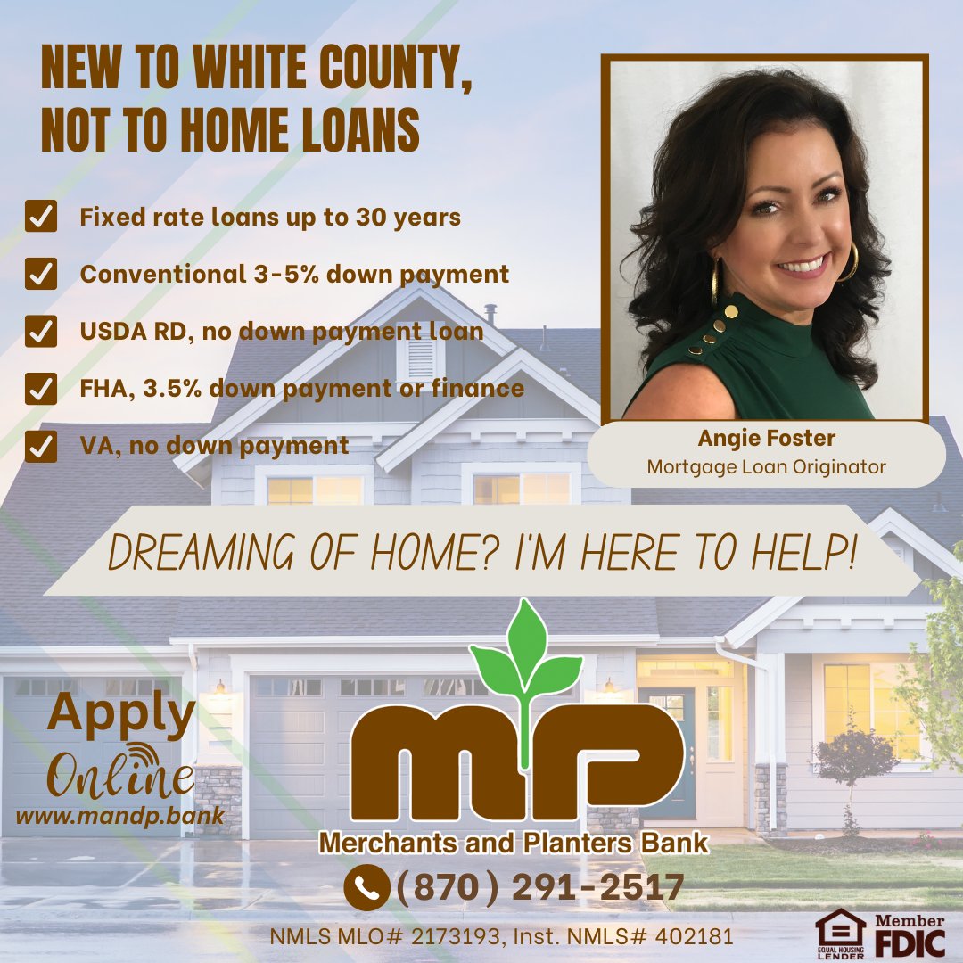 mpbank's tweet photo. We are thrilled to announce that Angie Foster is bringing her mortgage skills to White County! Not only can she help with all of your home buying and refinancing needs, she’s also a fun, genuine person with a spark for helping others. Take a minute to get to know her! https://t.co/pMSDzXWoxR