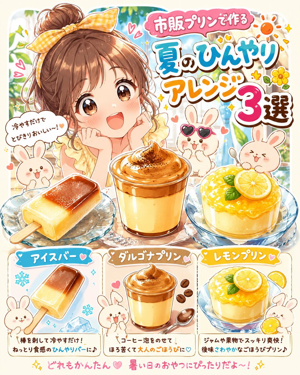 salmonstar_01's tweet photo. 🎀おはぴょんです🐰

💃今日は「プリンの日」🍮✨

プリンがひと工夫で、夏のひんやりスイーツに大変身🧁🍋

🙋疲れた日の甘やかしタイムに👌
🙋‍♀️手軽なのに満足感たっぷり😋

暑い日にご検討ください🍨💕

#今日は何の日 
#AIイラスト https://t.co/VrjHOlud7b