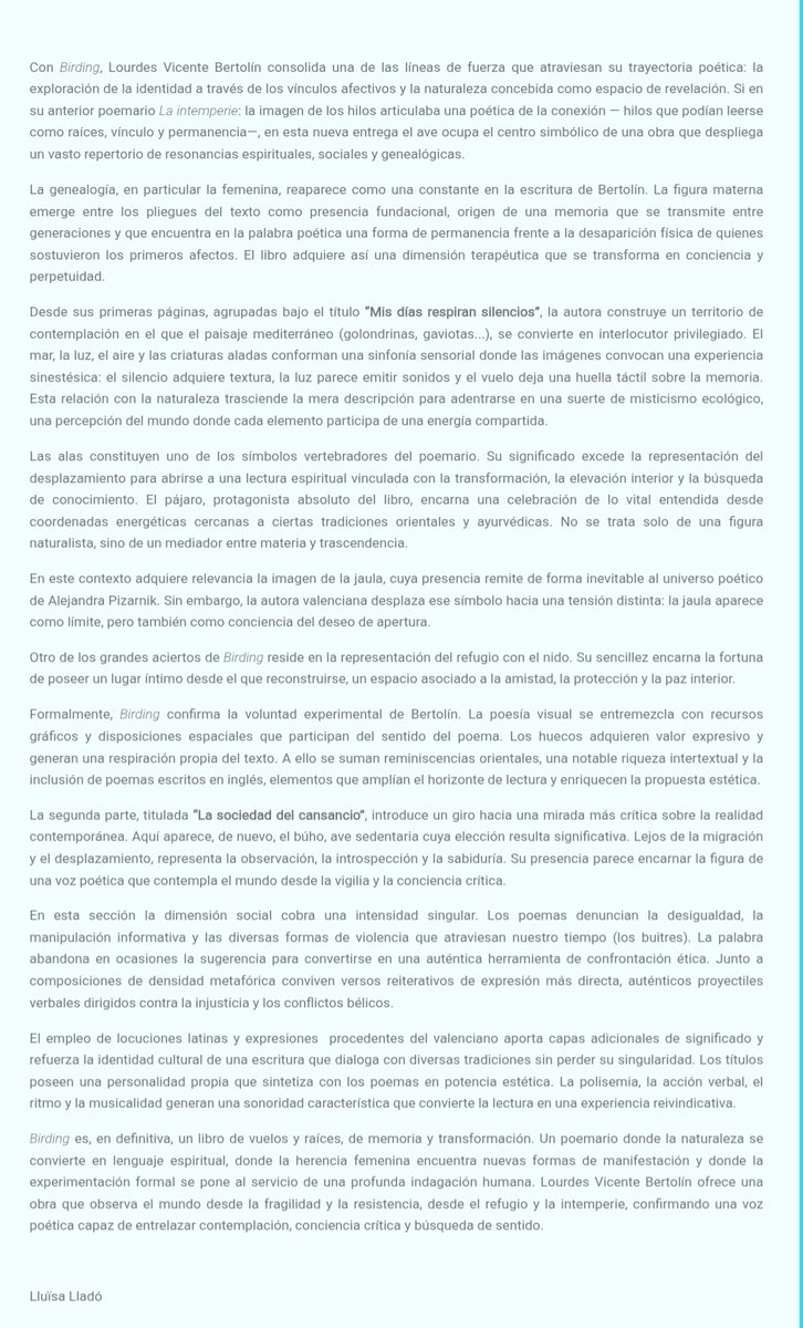 3Luvi's tweet photo. Reseña de Lluïsa Lladó sobre Birding. 
Gracias por tan AVEzada mirada. 🤍📖
https://t.co/bCRhSB9UUN https://t.co/2PAn5AJARM