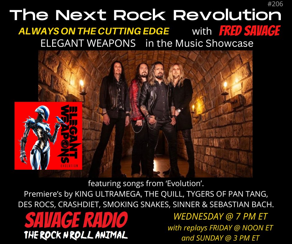 SavageRadioX's tweet photo. This week The Next Rock Revolution features ELEGANT WEAPONS in the Music Showcase. Song premiere's by KING ULTRAMEGA, THE QUILL, TYGERS OF PAN TANG, DES ROCS, CRASHDIET, SMOKING SNAKES, SINNER &amp; SEBASTIAN BACH. https://t.co/2poGqVbbhT
OR go to https://t.co/hzpdJ5JIOw https://t.co/T2bQu2ilVs