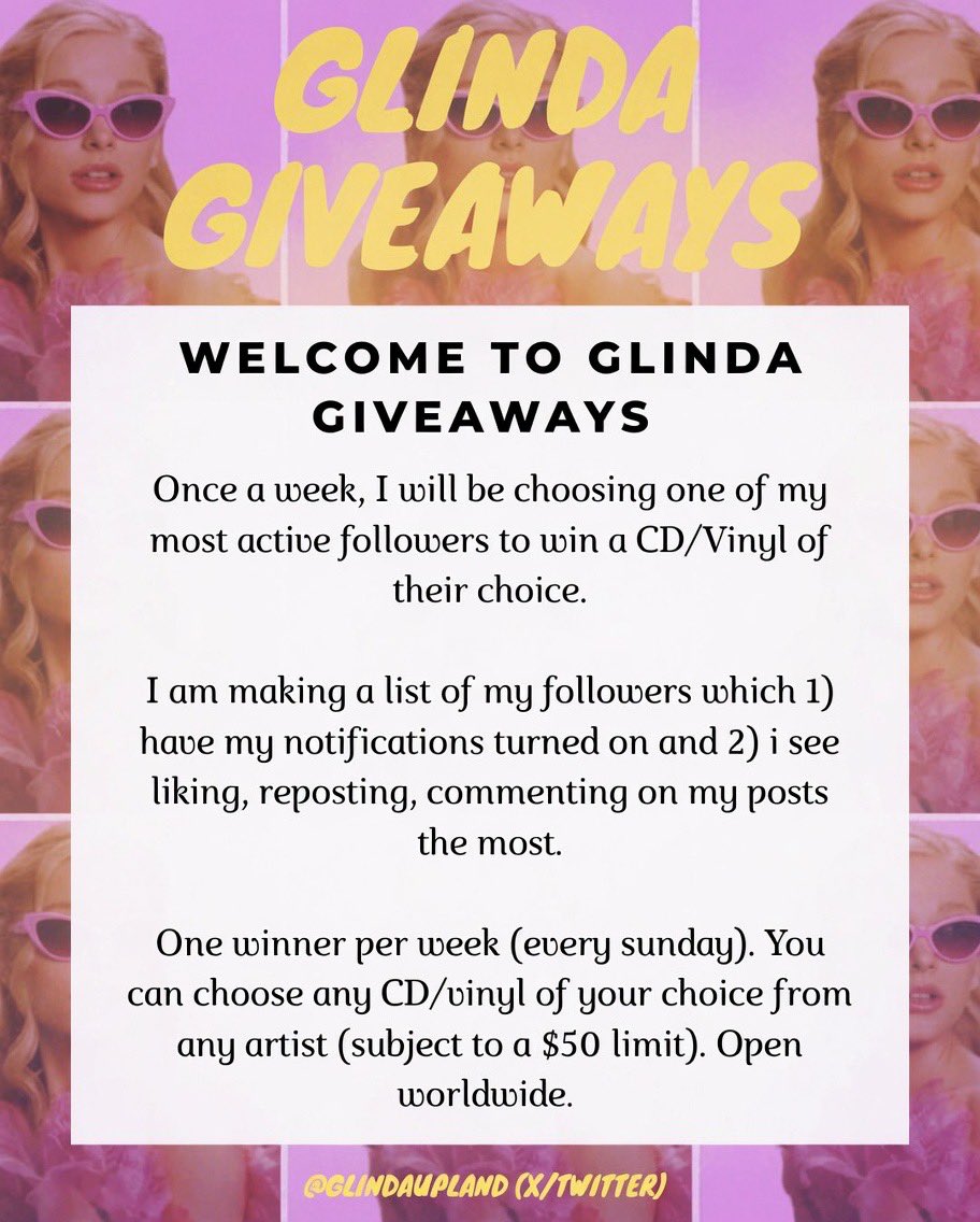 glindaupland's tweet photo. glinda giveaways week 10 🎟️ for a chance to win a cd/vinyl of your choice THIS SUNDAY:

• follow me &amp; turn on notifs (reply with proof)
• like AND retweet
• follow the steps to be added to the list - must be active (likes, rts, replies) or you will be removed from the list https://t.co/5sSuVAZMFs