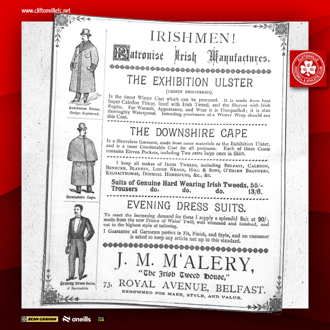 cliftonvillefc's tweet photo. ⏪📸 #ThrowbackThursday 

An 1888 newspaper advert for the gentleman's outfitters owned by Cliftonville's founding father, John McCredy McAlery. https://t.co/jGPxLkYBhh