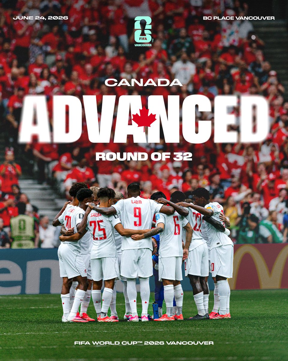 FWC26Vancouver's tweet photo. Canada punch their ticket to the Knockout Rounds for the very first time. 👊🇨🇦 

#FIFAWorldCup #WeAreVancouver #CANMNT https://t.co/dQZBvEYGrm