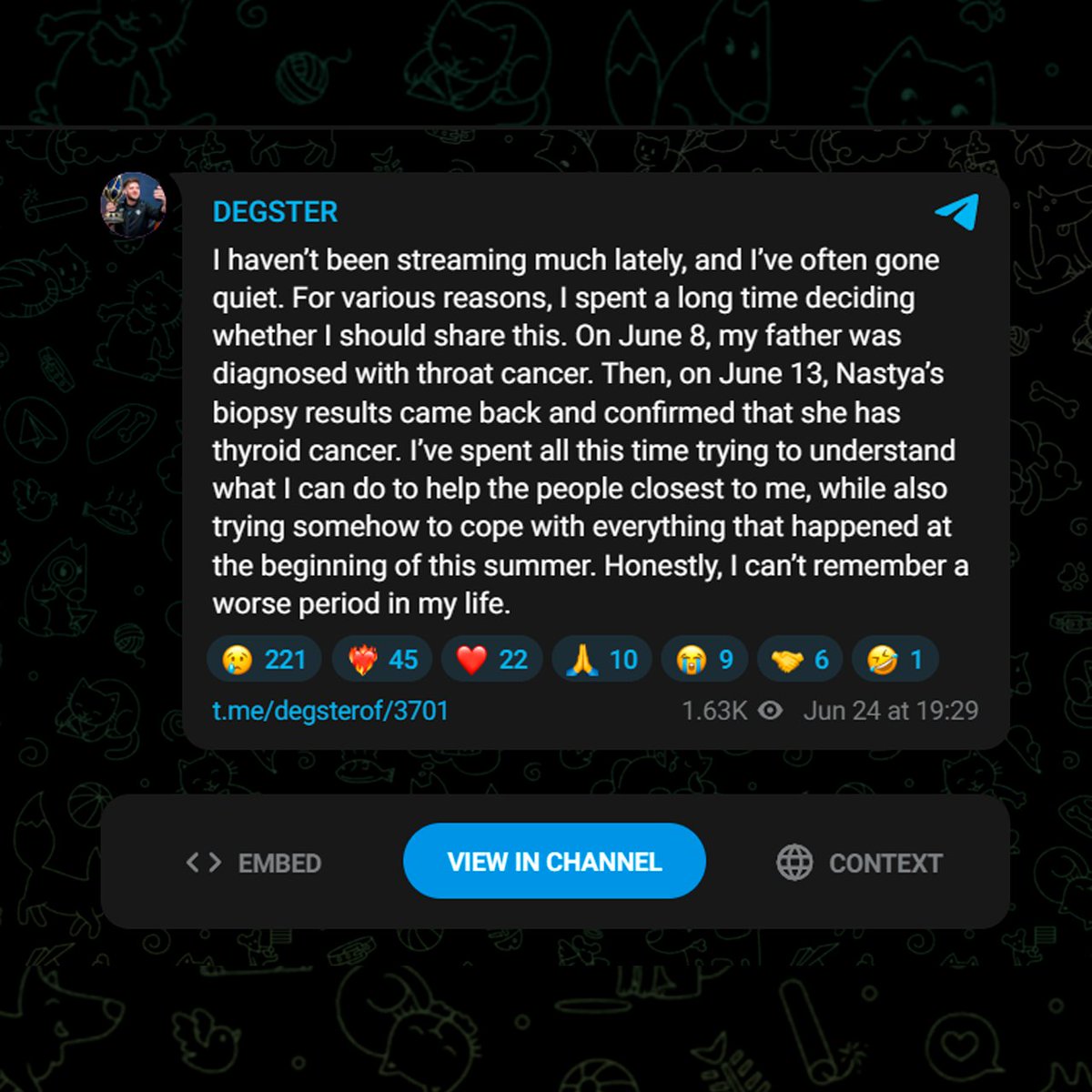 CS2News_EN's tweet photo. ‼️ «Honestly, I can’t remember a worse period in my life» — degster has shared devastating news about his family: both his father and his wife have been diagnosed with cancer

Sending strength to degster and his family ❤️ https://t.co/JqhgfXmzQK