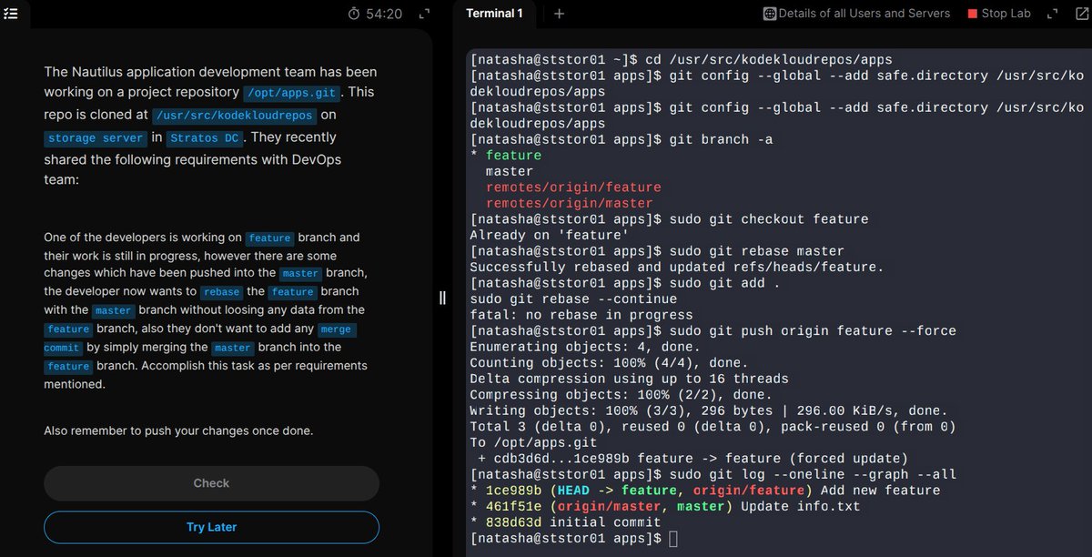 abdisamadjoe's tweet photo. Day 32 of 100 Days of DevOps - KodeKloud!

Task: Git Rebase.
→Rebase replays your branch commits on top of master - keeps history clean without adding a merge commit.

#DevOps #100DaysOfDevOps #AbdisamadYusuf @KodeKloudHQ https://t.co/Si3f6nx0LH