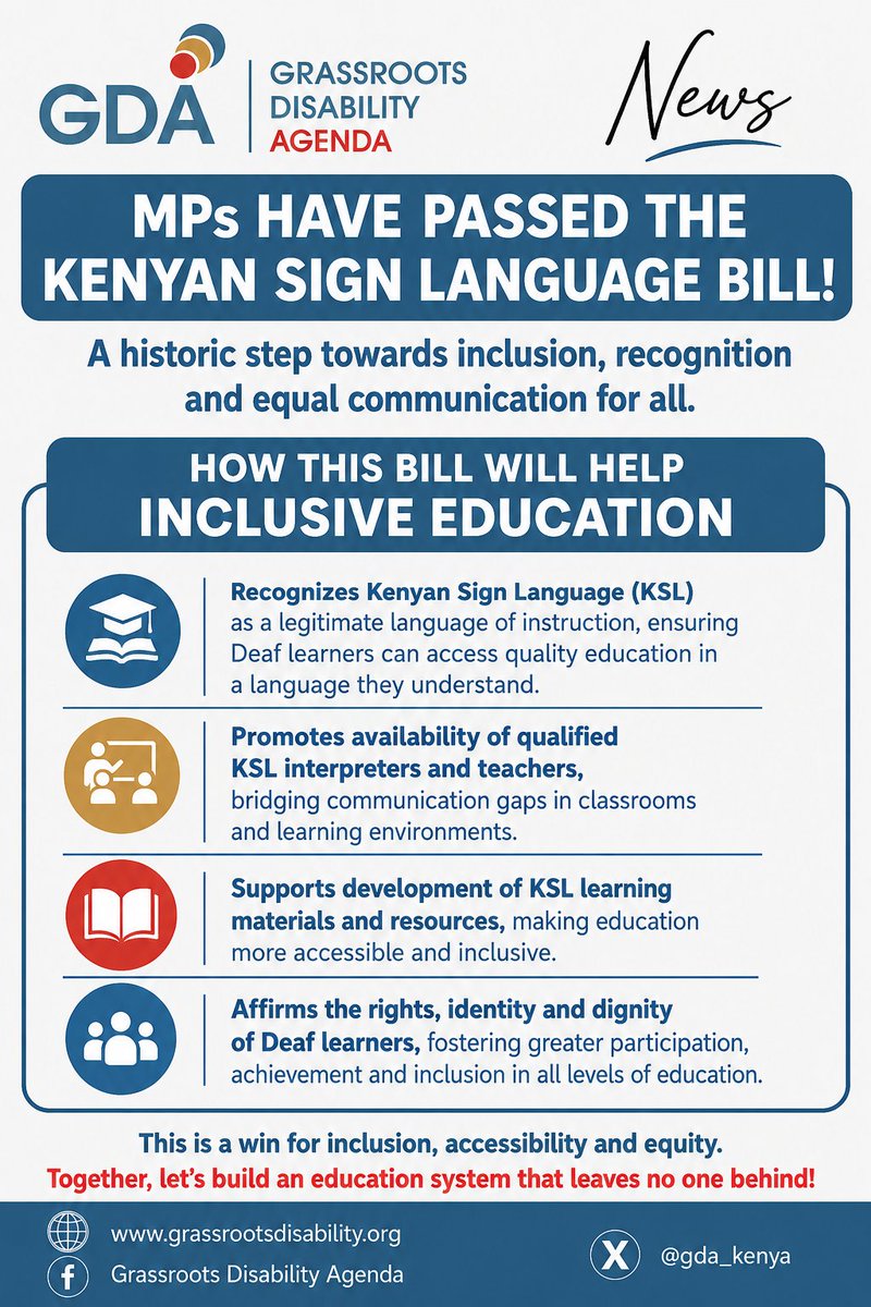 gda_kenya's tweet photo. Historic moment for Kenya 🇰🇪🤟🏾
Today the Sign Language Bill was passed advancing KSL as an official language under the Constitution.
A major step toward inclusive education and equal access.We joins a few countries globally to champion inclusion for Deaf persons.
#InclusionForAll https://t.co/RIhLaaraKj