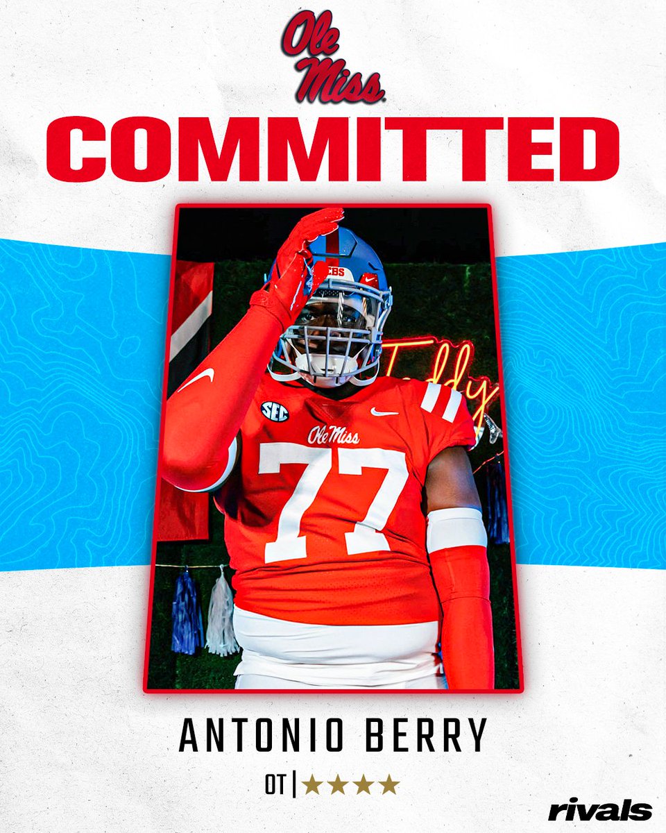 Rivals's tweet photo. 🚨BREAKING🚨 Elite OT Antonio Berry has committed to Ole Miss, @Hayesfawcett3 reports🦈

Berry ranks No. 32 NATL (No. 5 OT) in the Rivals300.

Read: https://t.co/XnoTAxLZV8 https://t.co/AtX2CsadtS