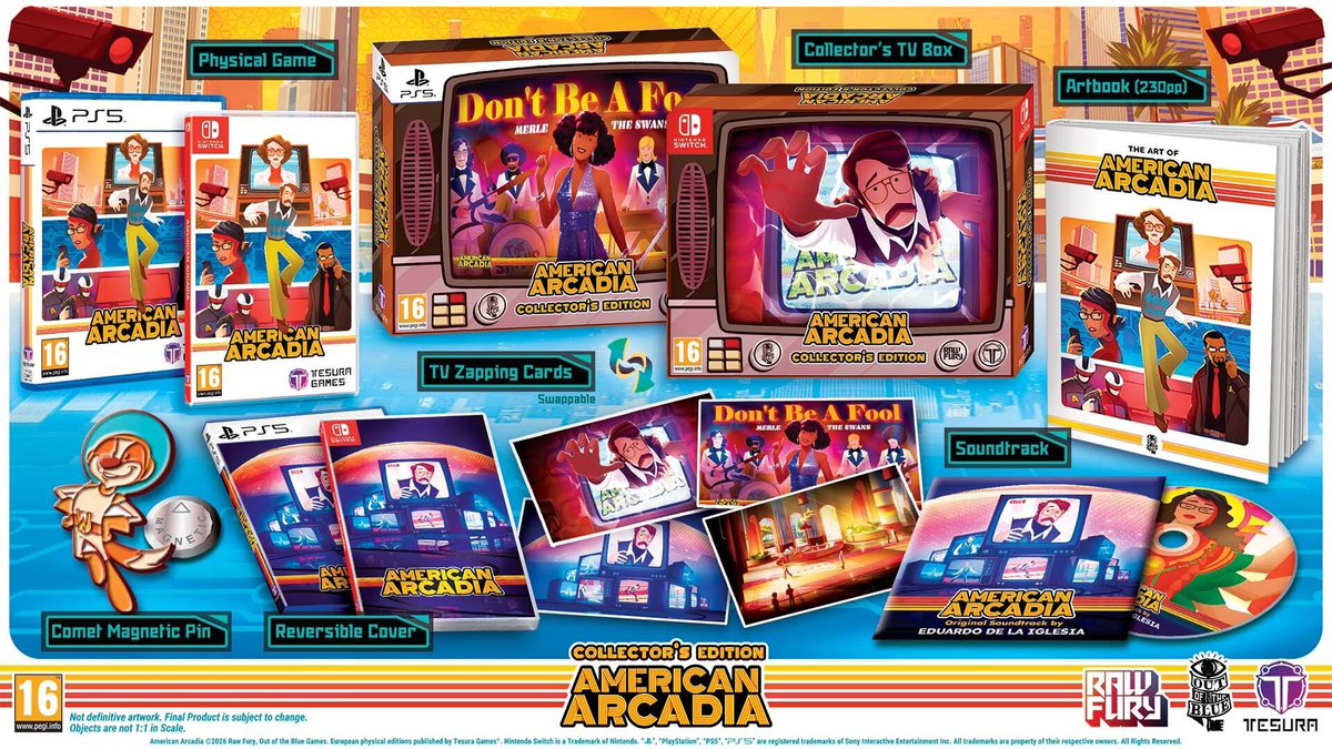 VGNYSoft's tweet photo. Welcome to the show in @TesuraGames' newest hit, #AmericanArcadia! In this seemingly perfect utopia, everyone stars in a reality TV show where ratings are a matter of life and death. We hear one way to boost your ratings is by pre-ordering American Arcadia for PlayStation 5 or Nintendo Switch in either the Standard or Collector's Edition today!

📺 https://t.co/JOnIQWpiDz 

@OutBlueGames @RawFury #PhysicalIndie #IndieGaming #Mystery #Thriller #Puzzle #Horror