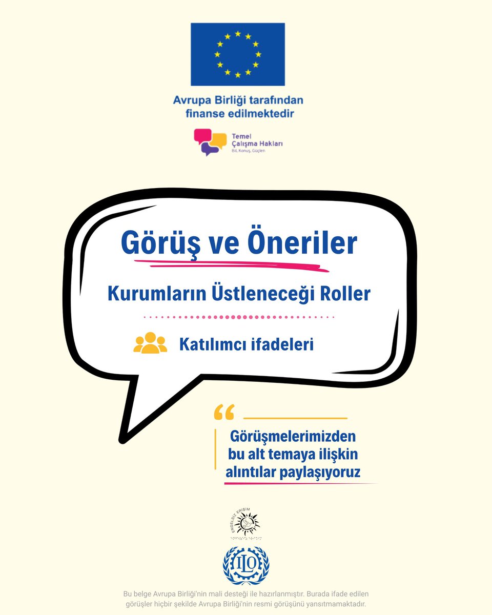 engelsizerisim's tweet photo. 💬 Bugün, alıntı paylaşımlarımızın son gününde kurumların üstlenmesi gereken roller alt temasına odaklanıyoruz.

❗️Katılımcı ifadeleri; erişilebilir, kapsayıcı ve eşit bir mesleki yaşam için sorumluluğun yalnızca kişilere değil, kurumlara da ait olduğunu gösteriyor.

⚖️ Eğitimden iş arama süreçlerine, meslek yaşantısından alana ilişkin önerilere kadar paylaştığımız tüm deneyimler bize şunu hatırlatıyor: Eşit çalışma koşulları, bireysel çabayla değil; hak temelli, erişilebilir ve sürdürülebilir kurumsal düzenlemelerle mümkün.