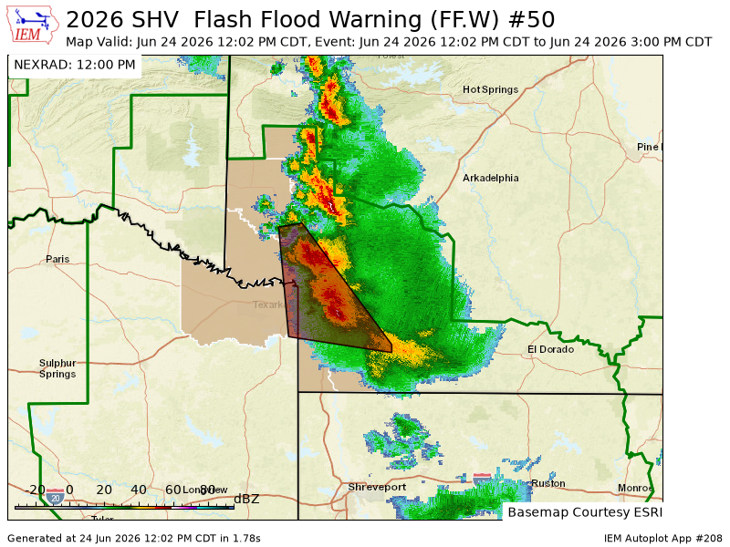 ArklatexWX's tweet photo. SHV issues Flash Flood Warning [flash flood: radar indicated] for Hempstead, Howard, Lafayette, Little River, Miller, Sevier [AR] and Bowie [TX] till Jun 24, 3:00 PM CDT https://t.co/tR3d2lMfEE https://t.co/uH1yUNkj5R