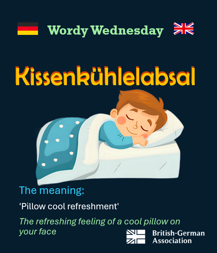 BritGerAssoc's tweet photo. Something we’re all hoping for in this heat - a cool side of the pillow! If you wanted to say this in German, it would be ‘Kissenkühlelabsal’.

It’s made up of ‘pillow’ (Kissen), ‘cool’ (Kühle) and ‘refreshment’ (Labsal). https://t.co/5OlHVOqXab
