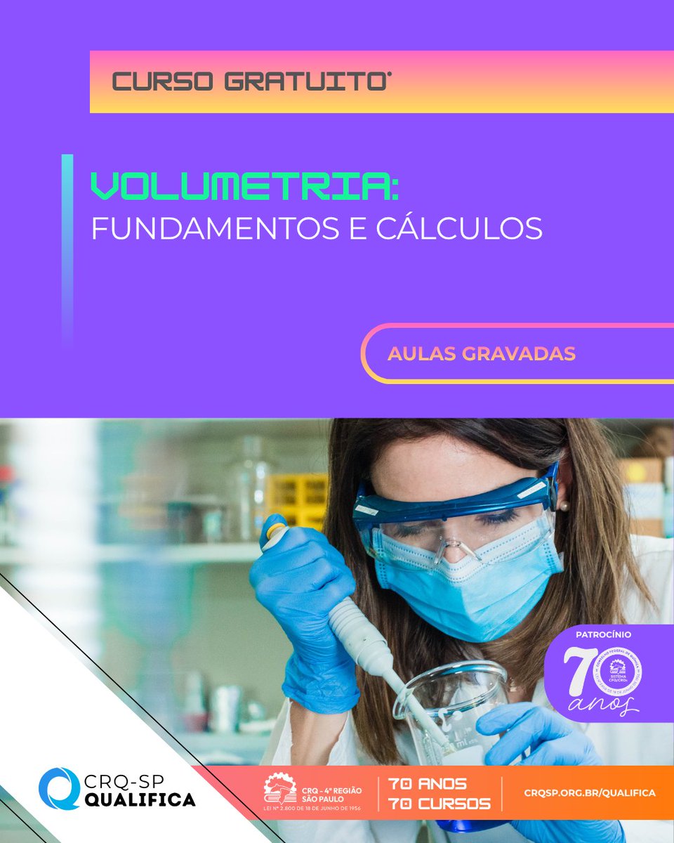 CRQ_SP's tweet photo. 🚨 CURSO GRATUITO – CRQ-SP Qualifica

Volumetria: Fundamentos e Cálculos

📅 Inscrições até 18/07

Curso sobre titulações, preparo de soluções, cálculos volumétricos e aplicações na análise química.

🔗 Inscreva-se: https://t.co/s7v8Tenrkk https://t.co/1nRcb3iBWs