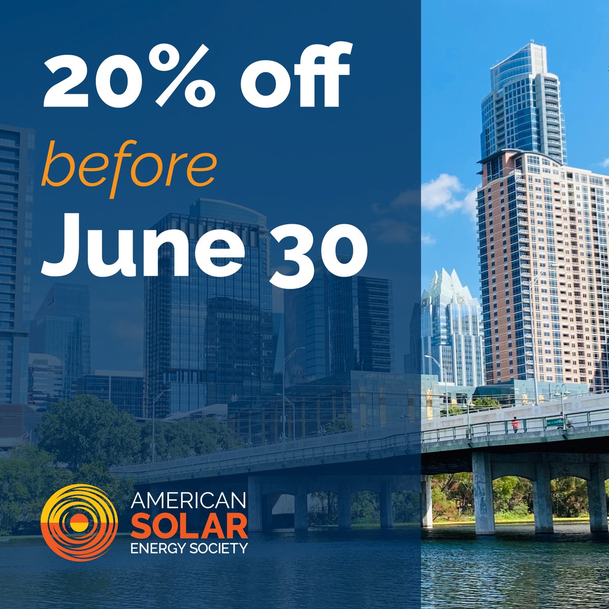 ASES_Solar's tweet photo. Ends 6/20 rgy folks! The sun is setting on Early Bird savings for ASES SOLAR 2026. Register by June 30 to lock in 20% off and join the national solar community at the Palmer Events Center, right on the shores of Lady Bird Lake.

Early Bird ends 6/20 https://t.co/Jjt32CMcdK https://t.co/uGeEJASMBN