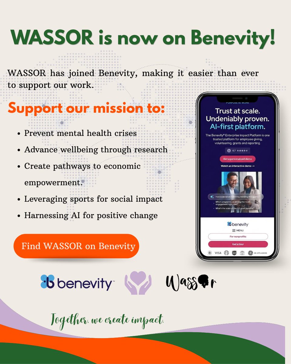 WWassor's tweet photo. Looking for a meaningful way to give back? WASSOR is now available on Benevity! 🌍

Your support helps us prevent mental health crises, promote wellbeing, advance economic empowerment, and create lasting impact through sports and AI.

Together, we create impact.

___________

Vous cherchez un moyen concret de contribuer à une bonne cause ? WASSOR est désormais disponible sur @benevity ! 🌍

Votre soutien nous aide à prévenir les crises de santé mentale, à promouvoir le bien-être, à favoriser l'autonomie économique et à créer un impact durable grâce au sport et à l'IA.

Ensemble, nous faisons la différence.

_____________

هل تبحث عن طريقة ذات مغزى لتقديم المساعدة؟ أصبح WASSOR متاحًا الآن على @benevity 🌍

دعمكم يساعدنا في الوقاية من أزمات الصحة العقلية، وتعزيز الرفاهية، ودفع عجلة التمكين الاقتصادي، وإحداث تأثير دائم من خلال الرياضة وال��كاء الاصطناعي.

معًا، نحدث فرقًا.

#WASSOR #Benevity