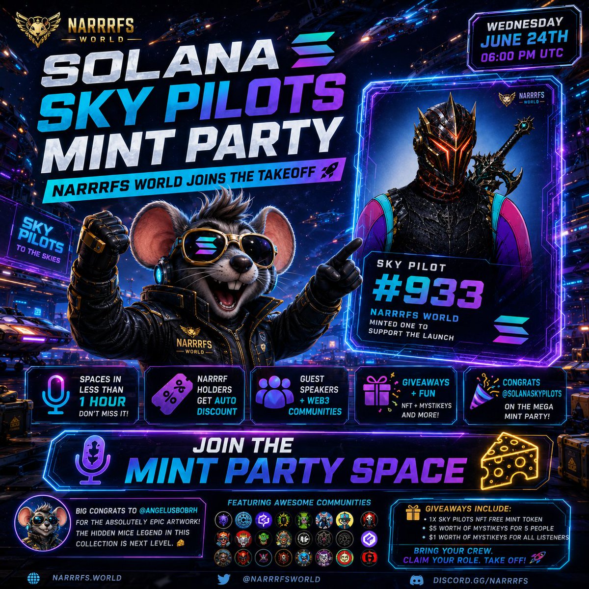 narrrf12345's tweet photo. ✈️ MINT PARTY IN LESS THAN 1 HOUR ✈️

Big congrats to our friends & partners @solskypilots  — today is takeoff day. 🚀

The Solana Sky Pilots mint is live, the Space is loading, and a lot of Web3 communities, guest speakers, giveaways, holders and builders are coming together to celebrate.

Narrrfs World already minted one Sky Pilot to support the launch. 🐭🧀✈️

Special shoutout to @AngelusbobRh  for the great artwork and the hidden Mouse Legend inside the collection. The MouseGang sees the cheese signals. 👀🐭

Also important for our holders:

🧀 Narrrf holders get auto discount access on the mint
✈️ Join the Space
🎁 Enjoy the giveaways
🤝 Celebrate with partner communities
🚀 Support the Sky Pilots takeoff
Join the mint party Space here:
https://t.co/w7T9UDfu2D
Congrats again @solskypilots  — wishing you a strong launch, smooth skies, and a full runway of Web3 energy.
MouseGang to the skies. 🧀✈️🔥

#SolanaSkyPilots #NarrrfsWorld #MouseGang #SolanaNFTs #Web3Community #NFTMint #GameFi