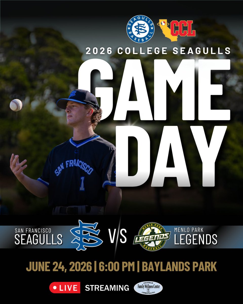 GullsNation's tweet photo. ⚾ GAMEDAY ⚾

College Seagulls vs. Menlo Park Legends
📆 June 24, 2026
⏰6:00 pm
📍 Baylands Park - Palo Alto, CA

🎥 Catch LIVE on YouTube
#SeagullNation #CollegeSeagulls #SummerBaseball https://t.co/xGYtiHU19k
