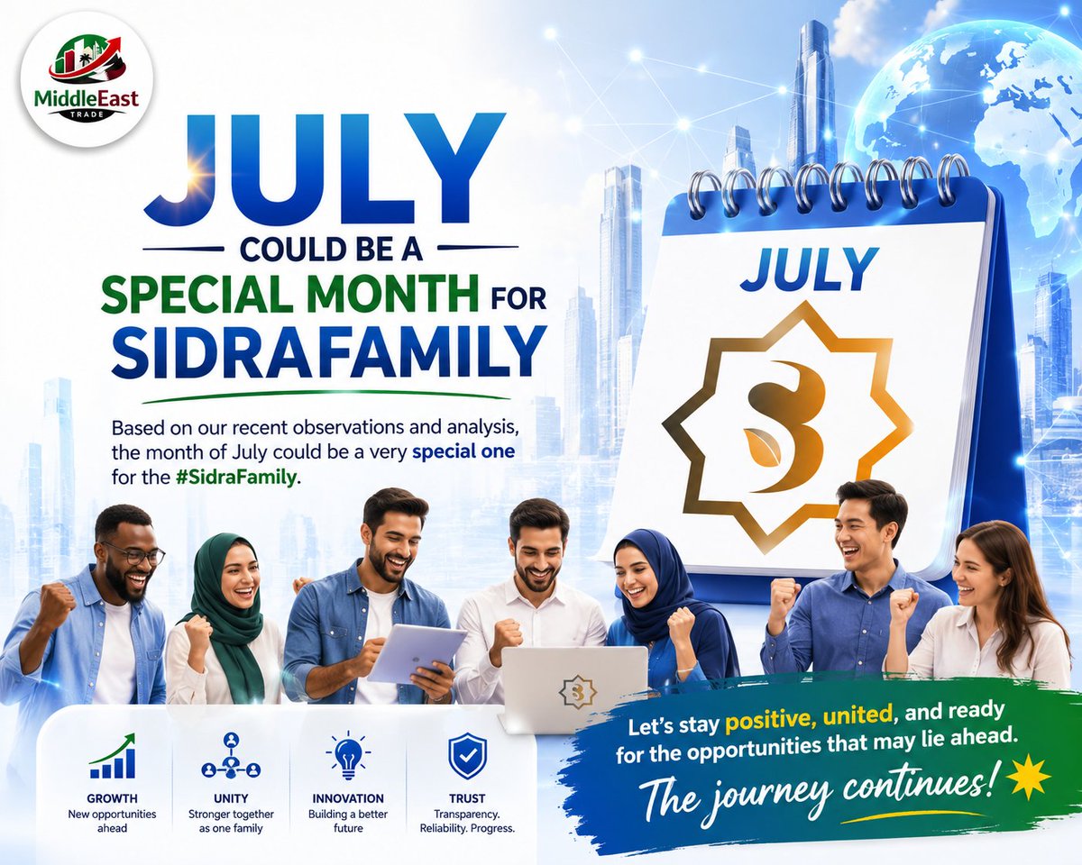 MidEast_Trade's tweet photo. 🎉 Congratulations to all Sidranians!

Based on our recent observations and analysis, the month of July could be a very special one for the #SidraFamily. 🚀

Let's stay positive, united, and ready for the opportunities that may lie ahead. The journey continues! 🌟 https://t.co/jjGzgRF2MV