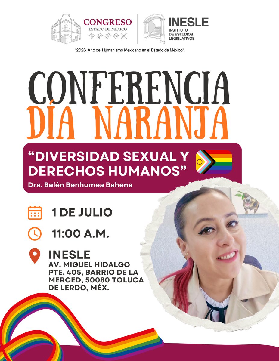 InesleMX's tweet photo. 🟧En el marco de las actividades por el Día Naranja en el INESLE, Belén Benhumea hablará sobre diversidad sexual y derechos humanos.

  ¡Te esperamos!  

1 de julio, a las 11:00 horas.  
Hidalgo 405, colonia La Merced-Alameda. 

 #CongresoEdoméx #INESLE #DíaNaranja https://t.co/PSt49dUqXf