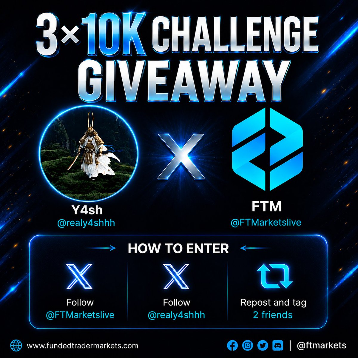realy4shhh's tweet photo. 🚨 GIVEAWAY ALERT | 3× $10K CHALLENGE ACCOUNTS 🚨

Ready to win a funded challenge account? 🎯

Requirements:
✅ Follow @FTMarketslive @realy4shhh @PropFirmSea
✅ Like & Repost this post 🔄
✅ Tag 2 friends 👥👥

🔥 Want an extra chance to win?
Use code PROPSEA for +1 bonus entry 🎟️

🏆 Prizes:
🎁 3 × $10K Challenge Accounts

📅 Winners will be announced on July 11th.

🍀 Good luck to everyone, and may the odds be in your favor! 🚀