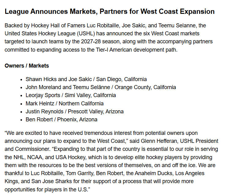 CurtisPashelka's tweet photo. USHL announces locations for West Coast expansion teams. No specific city is named for the "Northern California" team, but the #SJSharks are thanked for their support of the process. https://t.co/6VoxeYChtI