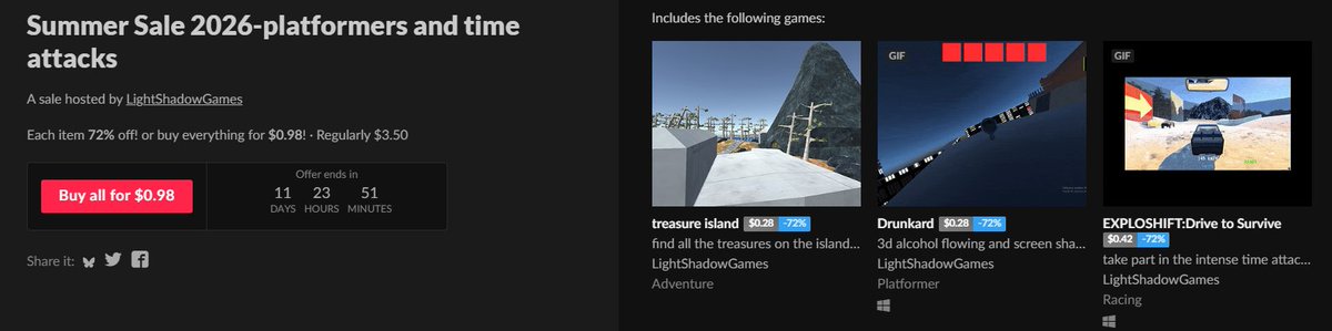 GamesLight20277's tweet photo. My Summer Sale 2026 bundle (Platformers &amp; Time Attacks) is LIVE! 🎮 Treasure Island (collectathon speedrun), Drunkard (belly POV platformer), EXPLOSHIFT (time attack racing demo). 72% off for 12 days on itchio!
https://t.co/0GqkMHSVYa
#SummerSale2026 #IndieGames #Platformers https://t.co/Fu6xWlnA23