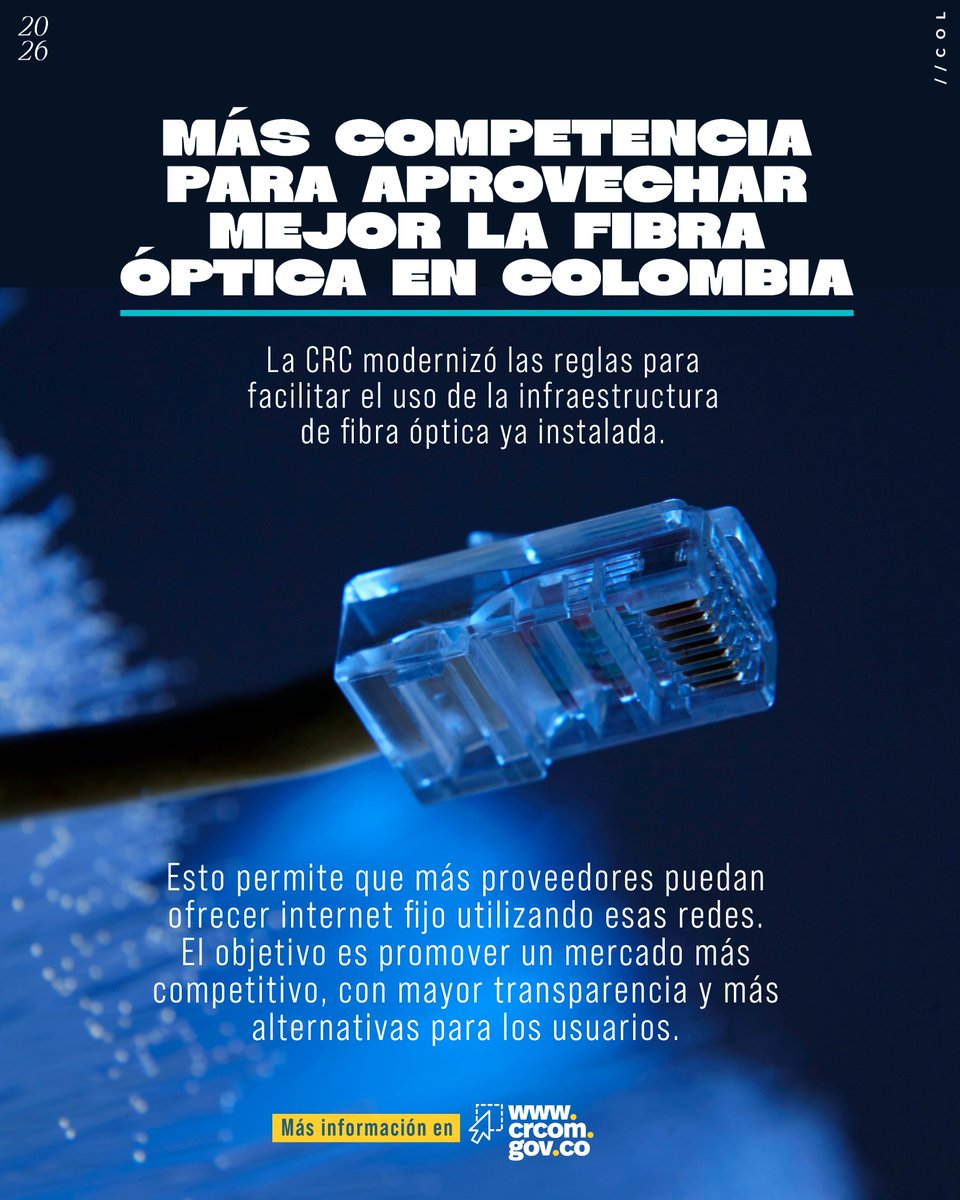 CRCCol's tweet photo. 🌐 La fibra óptica ya instalada puede ser aprovechada por más proveedores para ofrecer internet fijo. Con reglas más claras, la CRC promueve más competencia y más alternativas para los usuarios. Conoce más: https://t.co/jNFOffQIm2 https://t.co/hKM46PprBt