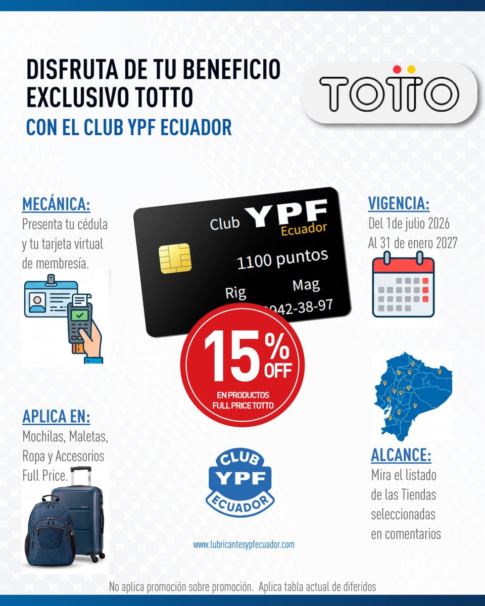 YPFEcuador's tweet photo. Disfruten de un 15% de descuento exclusivo en productos TOTTO a precio completo. Para mochilas, maletas, ropa y accesorios. Presenta  y tarjeta virtual de membresía para redimir el beneficio.
Consulten el listado de tiendas seleccionadas en los comentarios de la publicación. https://t.co/5EIrBpjKdF