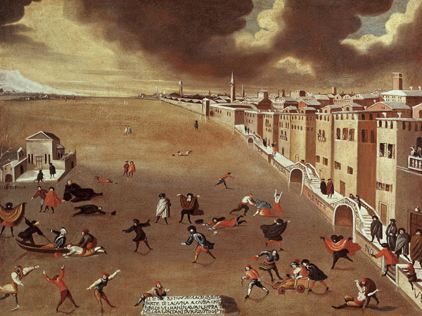 CemAkogul's tweet photo. Venedik lagünü 1708-1709 yıllarında donmuş ve dönemin ünlü ressamlarından  Gabriele Bella donan lagünün üzerinden yürüyen Venedik ahalisini böyle resmetmişti. Keşke İstanbul Boğazı’nın donduğu (Tuna’dan buzulların geldiği) 1755 Kışı’ndan da böyle tablolar olsaydı. https://t.co/FA3JcRpcFX