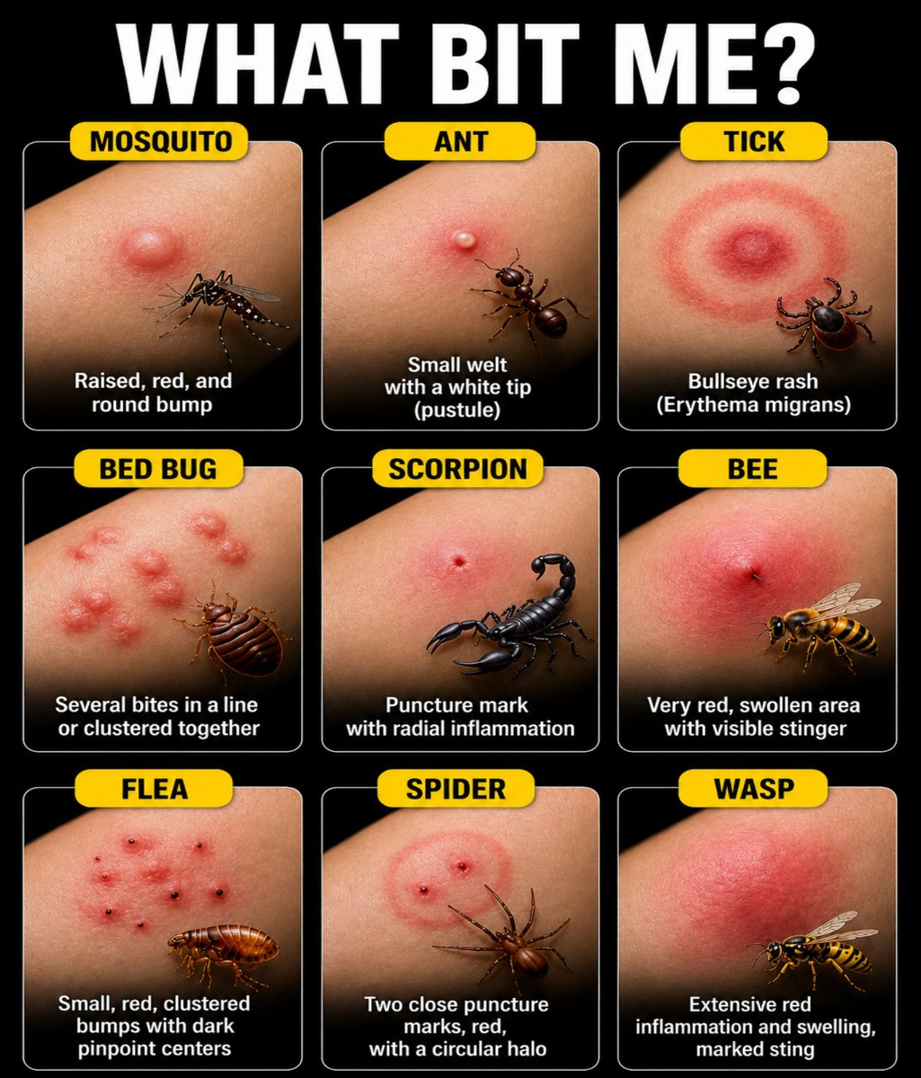 HEALTHYRIX's tweet photo. *🦟🐜🕷️ Ever wondered what bit you?*

Not all insect and bug bites look the same. Some leave small itchy bumps, while others can cause swelling, redness, or distinctive patterns that may help identify the culprit. 👀

This guide shows some common bite and sting reactions, https://t.co/WC7UlRBPWt