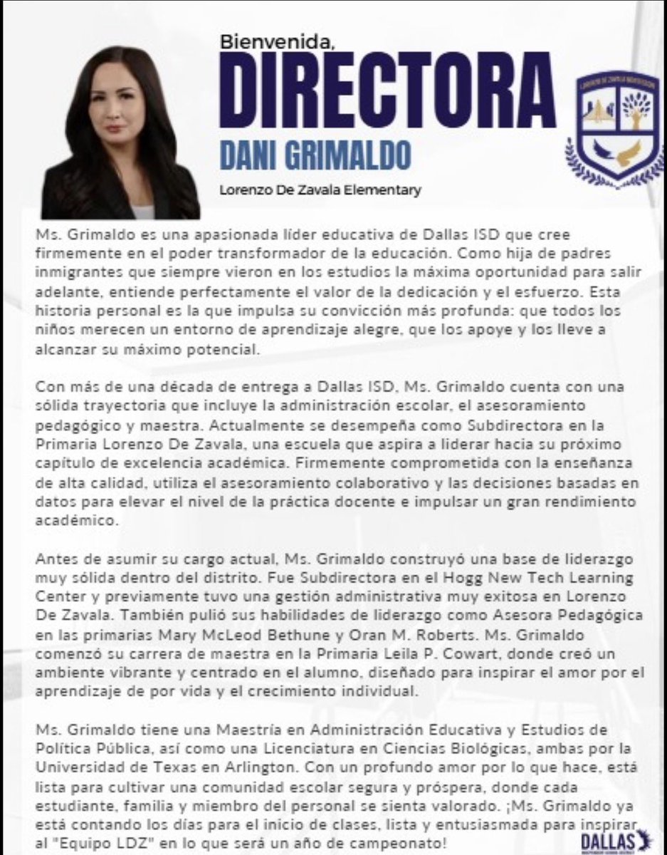 PathtoPinkston's tweet photo. We proudly announce Ms. Grimaldo as the new Principal of Lorenzo De Zavala! 🎉 She is ready to lead Team LDZ all the way to a championship year!  #RII #PoweredIIPerform #BuiltIIWin @Tanya_N_Shelton @JoeCarreon @LDZEagles @_APDaniGrim_ https://t.co/zbxvabZaUg