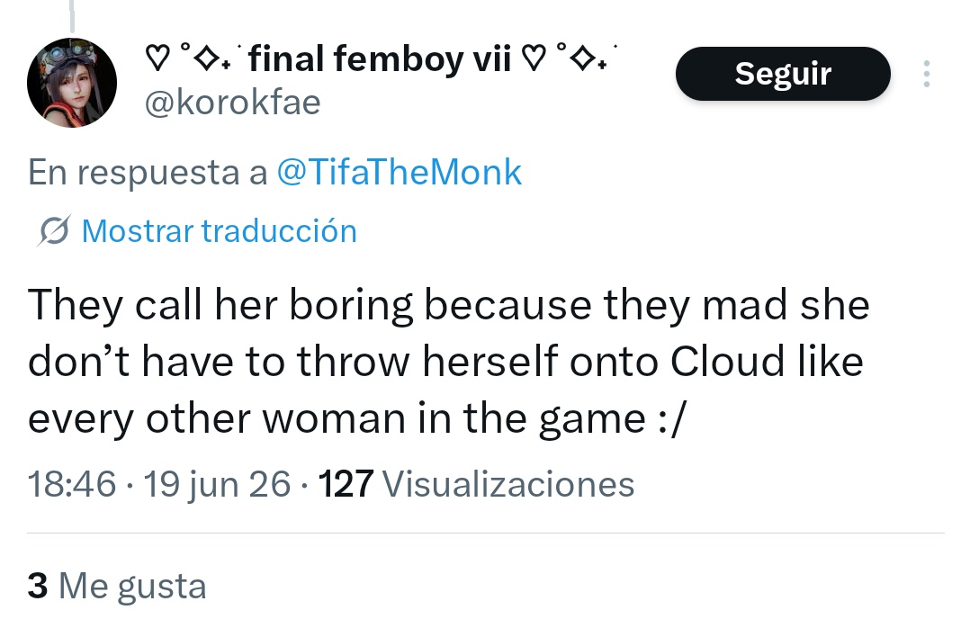 loveujimi's tweet photo. @aerithevenstar not even a week ago this person was calling every female character in the game desperate in an attempt to prop up tifa 😭 https://t.co/iVGjCFfvVC