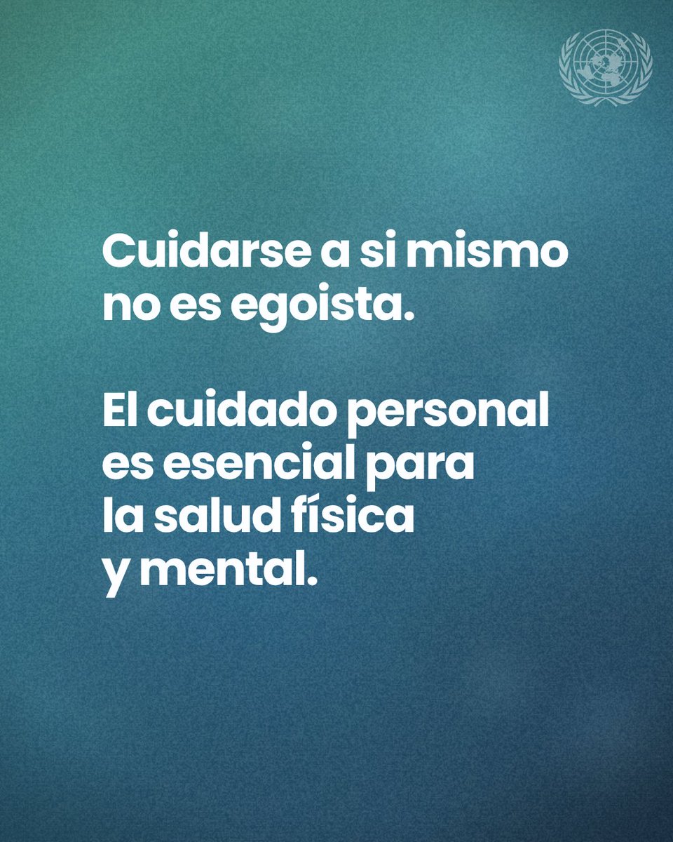 ONU_es's tweet photo. Cuidarte y mantener un estilo de vida saludable es fundamental, especialmente en momentos de dificultad y estrés.

🍎 Aliméntate bien
🧘‍♀️ Prioriza tu salud mental
🏃‍♀️ Mantente activo/a
Este mes del #Autocuidado recuerda que tu salud también merece atención diaria. https://t.co/C66BwZLT2I