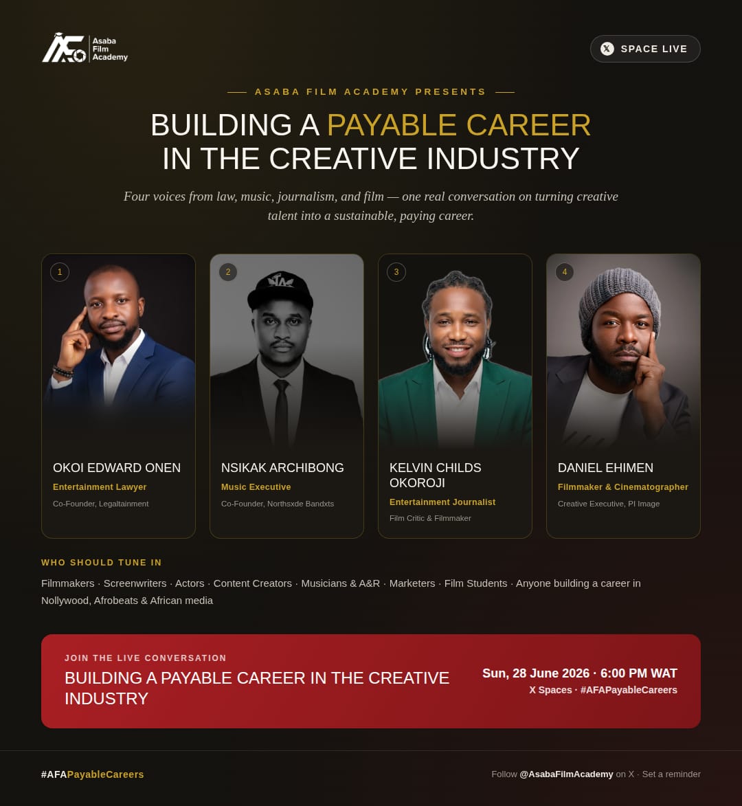 asabafilmacade2's tweet photo. Can creativity become a sustainable source of income?
Join us on X Spaces as experts from film, music, journalism, and entertainment law discuss how to turn creative talent into a payable career.
📅 June 28, 2026 ⏰ 6:00 PM WAT https://t.co/4Pc0R2RJKS