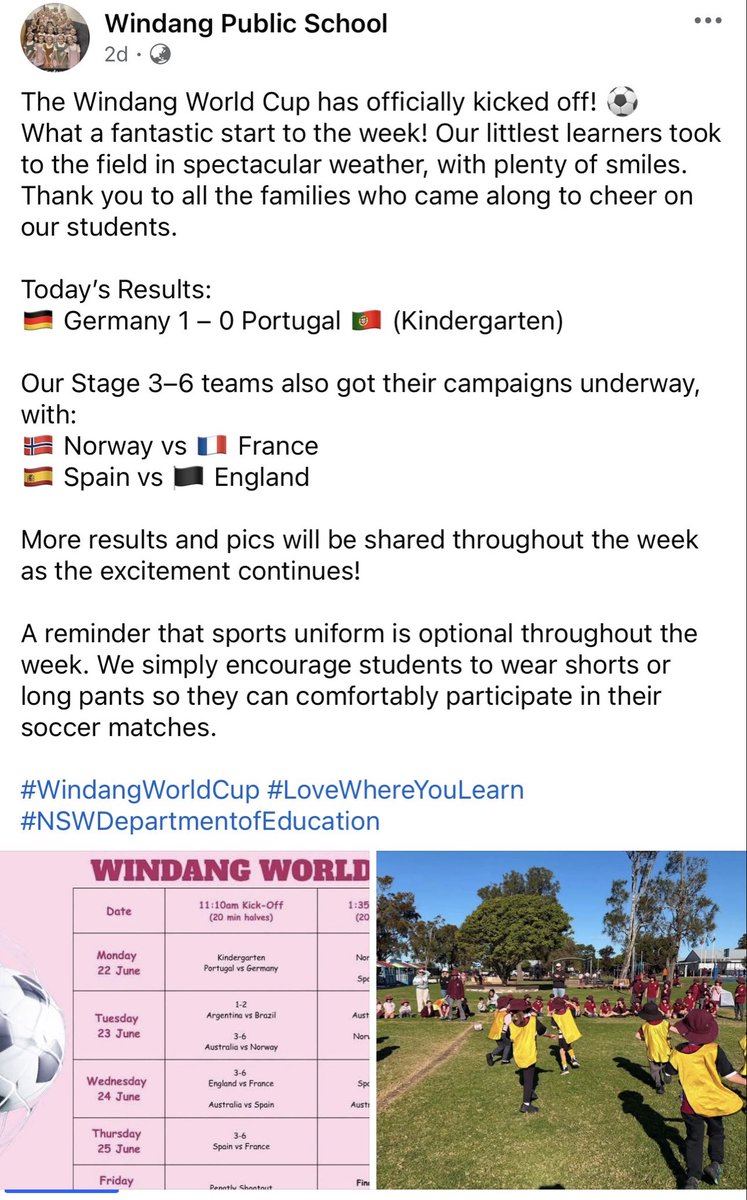 WindangPS's tweet photo. Football fever has hit Windang PS! We work hard and play hard, with our K–6 Windang World Cup bringing students, staff and families together each day for two thrilling matches as we build towards Friday’s Grand Final alongside the Socceroos! @NSWEducation @dizdarm @KathyPowzun https://t.co/YHp59DzTbo