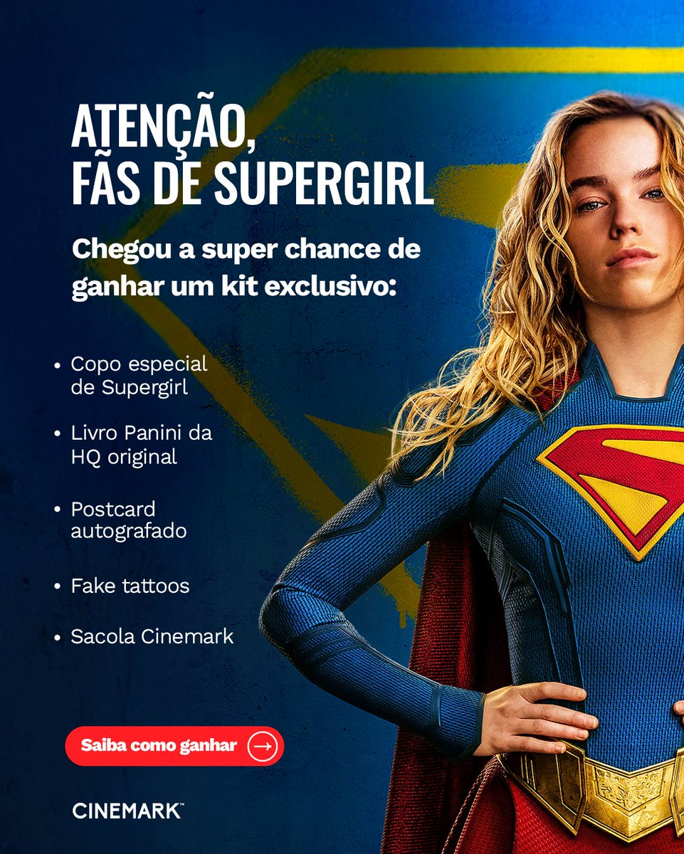 cinemarkoficial's tweet photo. 🚨🦸‍♀️ Fãs de Supergirl, atenção! 

Vamos distribuir 10 kits exclusivos com sacola Cinemark, copo, HQ Panini, postcards autografados e fake tattoos. 

✨ Ative as notificações e acompanhe nossos Stories hoje e amanhã para quizzes relâmpago. 

Quem acertar primeiro, leva! https://t.co/Zx1PGu1VU1