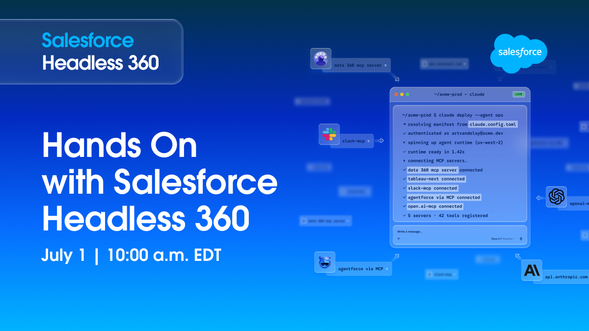 SalesforceAdmns's tweet photo. Another chance to get hands-on with Salesforce Headless 360 is just around the corner. 🙌

Join Salesforce Developer Advocate @PhilippeOzil on July 1 to explore APIs, MCP tools, Agentforce Vibes, and agent-ready experiences that extend Salesforce beyond the platform.

Register today: https://t.co/Jr2GZsME6y