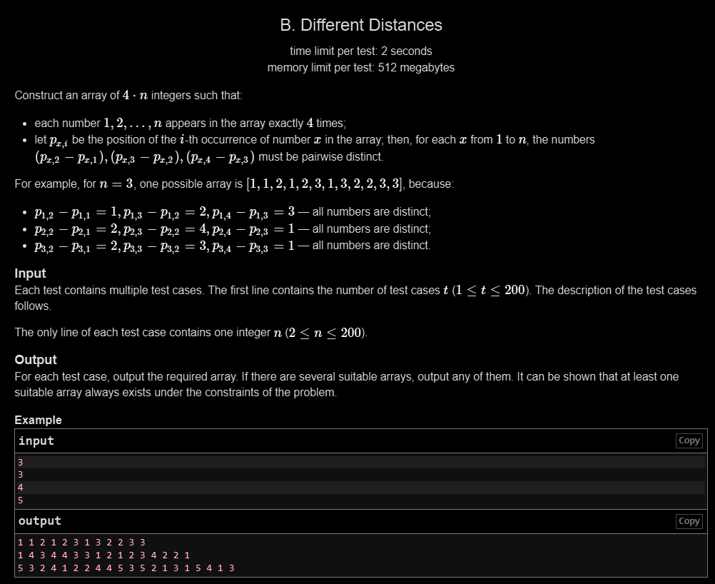 Siddhesh_2110's tweet photo. Day 204 🚀

✅ LC POTD
✅ GFG POTD
✅ CF 1x Problem
CF Insight:
Use a constructive pattern to place each number 4 times while keeping all required distances distinct.

#Day204 #DSA #Codeforces #LeetCode https://t.co/3JkOfl0A4q