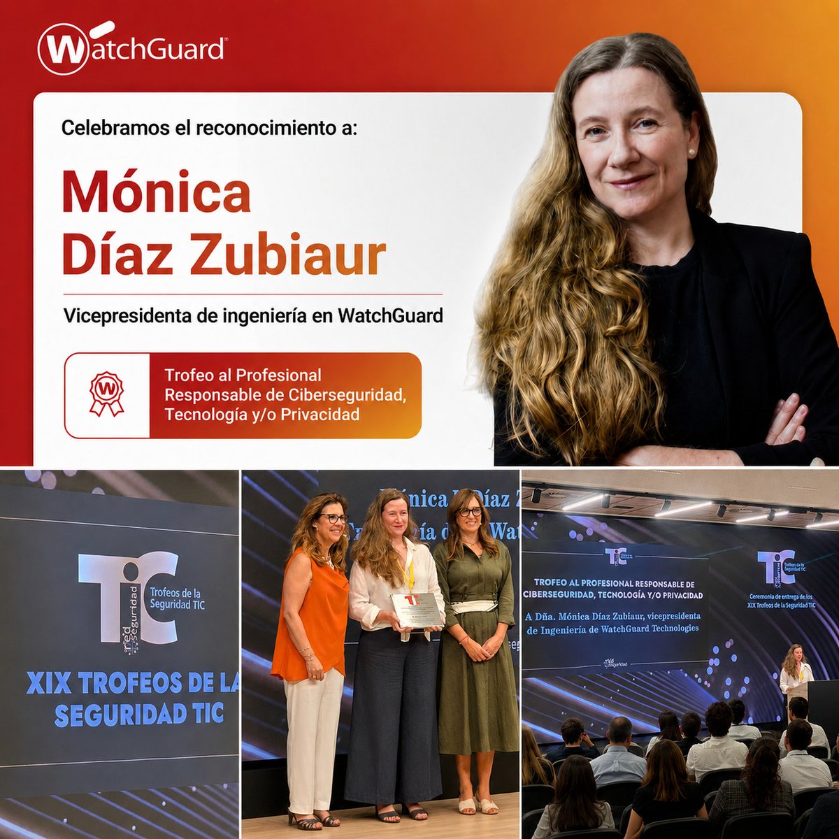 WatchGuardSpain's tweet photo. Celebramos el Premio al "Profesional Responsable de Ciberseguridad, Tecnología y Privacidad" otorgado por @Red_Seguridad a nuestra VP de Ingeniería, Mónica Díaz Zubiaur, por su liderazgo e innovación en #ciberseguridad. ¡Enhorabuena! https://t.co/DBu1goLHMt 

#WatchGuard #Premios https://t.co/FOMe2EZTJq