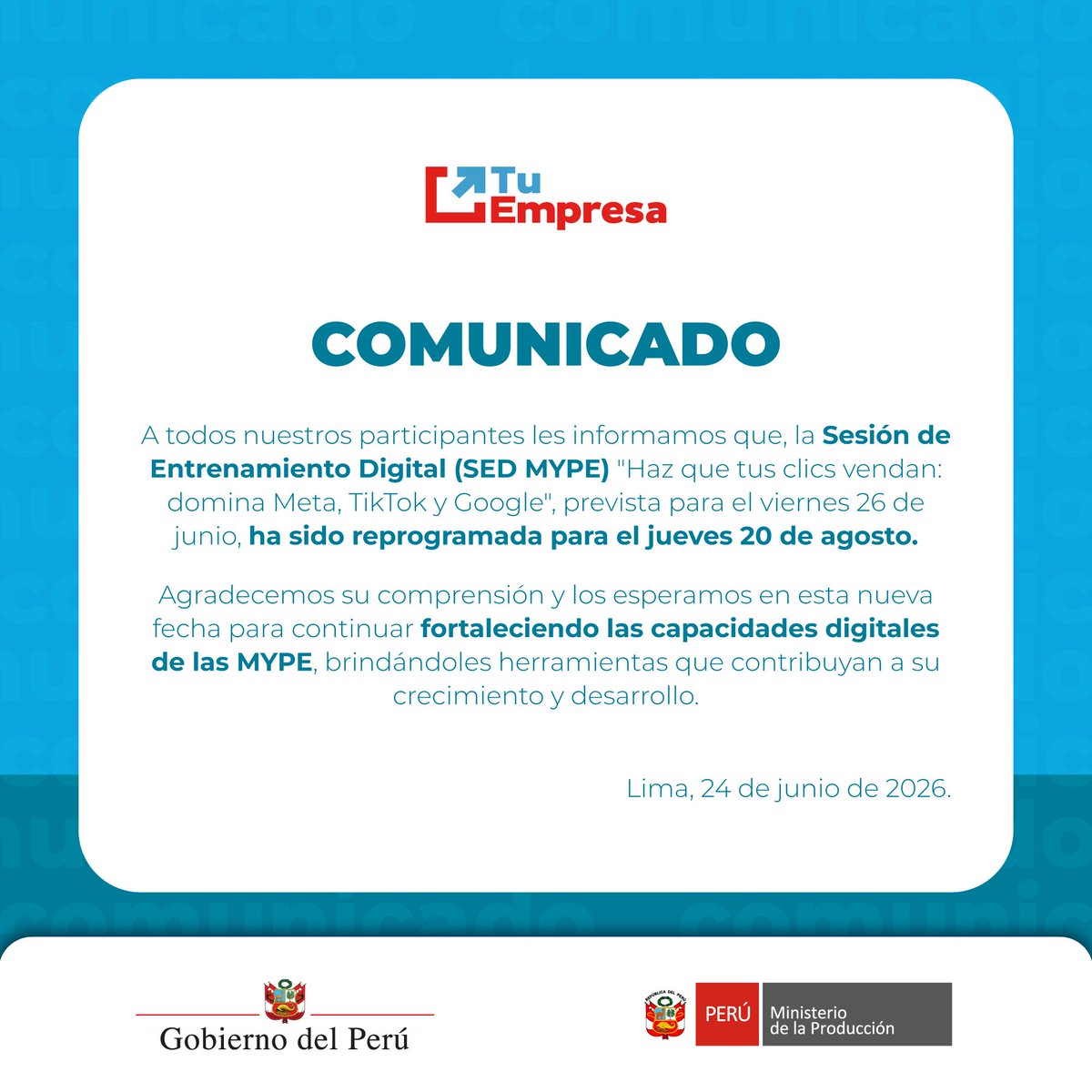 MINPRODUCCION's tweet photo. 📣 PRODUCE informa lo siguiente: https://t.co/xL7nPOWwEV