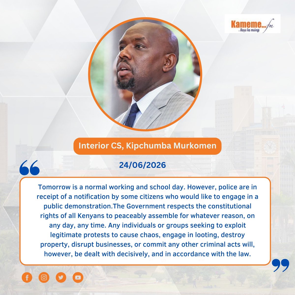 kameme101's tweet photo. "Muthenya wa ruciu (25th June) ti muthenya wa thiguku no borithi nimamukirite notithi kuuma kuri muingi urenda gugatabania mirurungano." - CS Murkomen
#KamemeNews https://t.co/advZp0wFPp