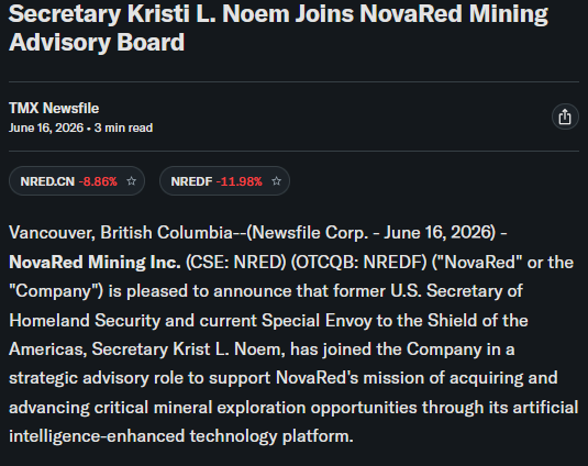 dvqzm52329127's tweet photo. JUST IN: KRISTI L. NOEM WAS THE FIRST BIG NAME. KATIE ZACHARIA IS THE NEXT ONE.

NovaRed Mining added former DHS Secretary Kristi L. Noem, then followed it with Katie Zacharia.

That sequence matters.

Kristi brings the Homeland Security résumé, Shield of the Americas title, public-sector leadership and critical-minerals credibility.

Katie brings the communications machine: Senior Communications Advisor at Truth Social / Trump Media, Fox News, CNN, Newsmax and OANN commentator, General Counsel at Fix California, former DHS spokeswoman, attorney and political strategist.

That is two high-profile advisors with very different strengths now connected to NovaRed.

Policy weight from Kristi.

Media and communications firepower from Katie.

$NRED / $NREDF

I spot, you execute.

$QTEX $IBRX $SPY $BIYA