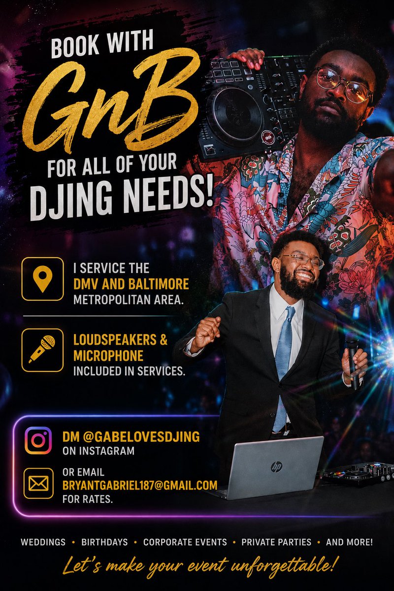 GabeBryant5's tweet photo. Need a DJ for an event? GnB has you covered! I am now taking bookings across the DMV and Bmore area. No speaker or microphone? No problem! Loudspeakers and a microphone are included in my services. DM me, or use the link in my bio to request a booking. https://t.co/2oZonLEKMk